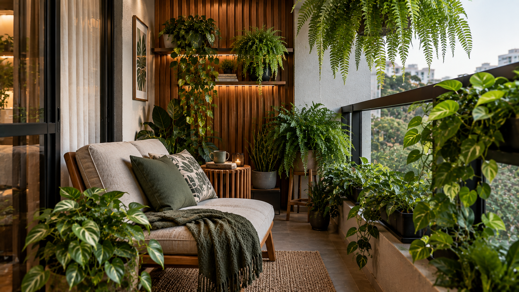 Varanda residencial com área de convivência e vista urbana