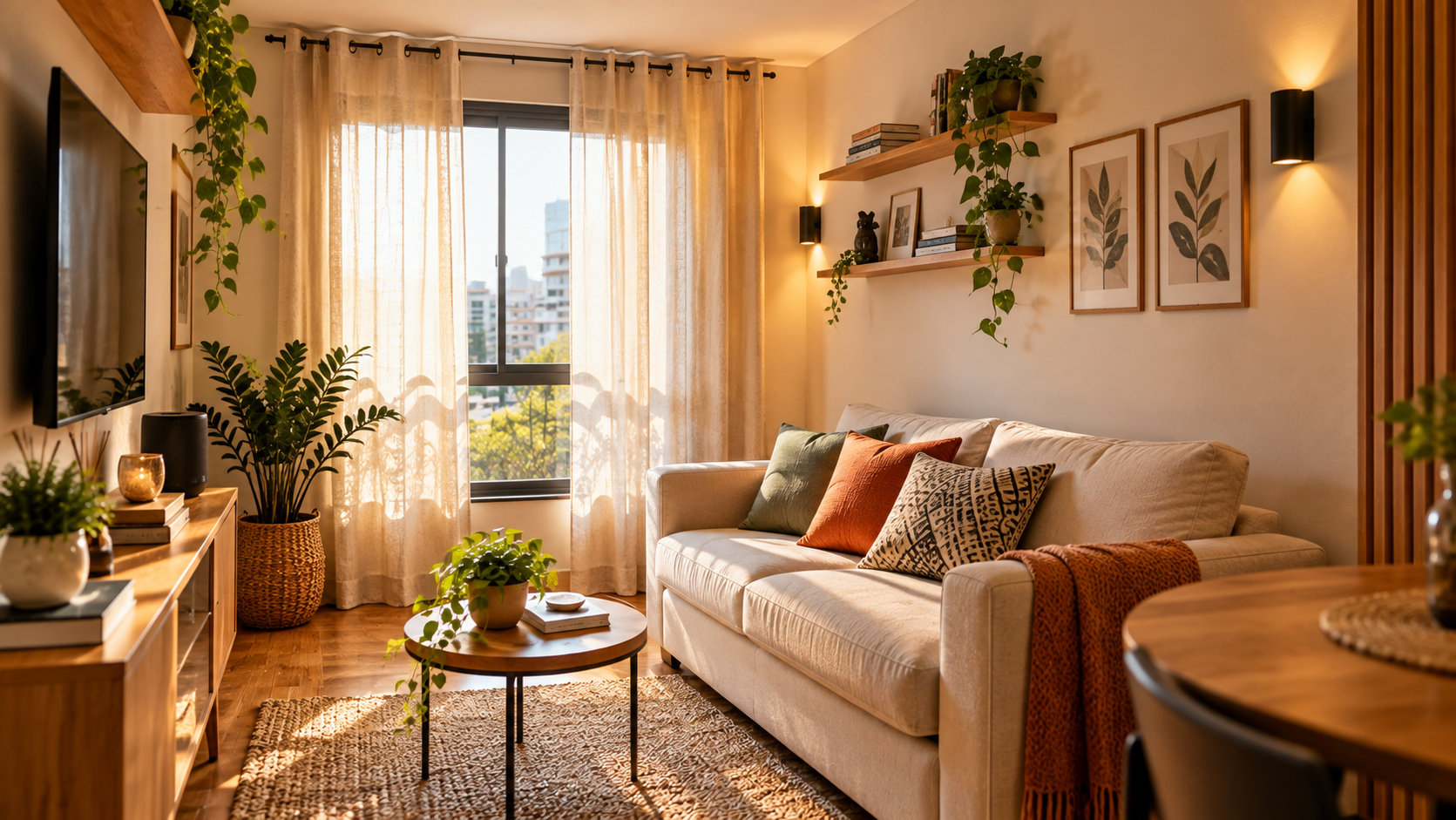 Sala compacta com móveis e elementos naturais organizados